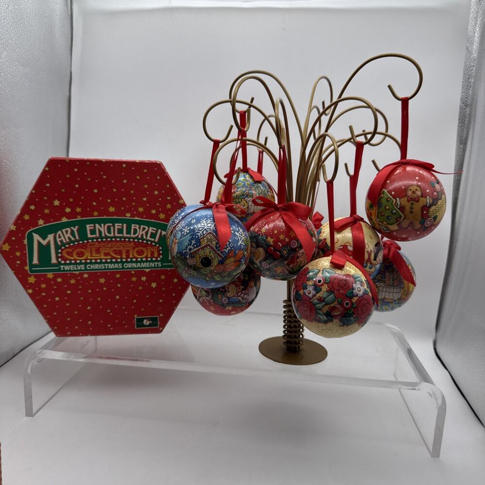 12x Mary Engelbreit Christmas Balls ORNAMENTS Set Kurt Adler Papier Mache